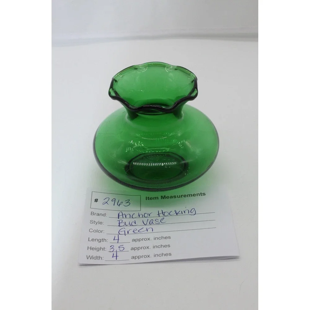 Vtg Collectible MCM Anchor Hocking Forest Green Glass Squat Bud Vase 3.5
